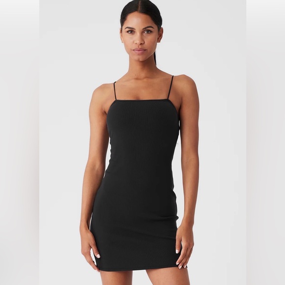 ALO Yoga Dresses & Skirts - ALO Black Goddess Ribbed Spaghetti Strap Bodycon Mini Dress XS